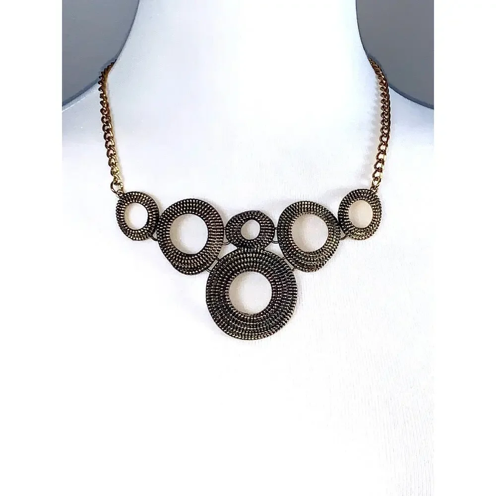 Retro 1960's Antique Bronze Multi Circle Concentric Beading Statement Necklace